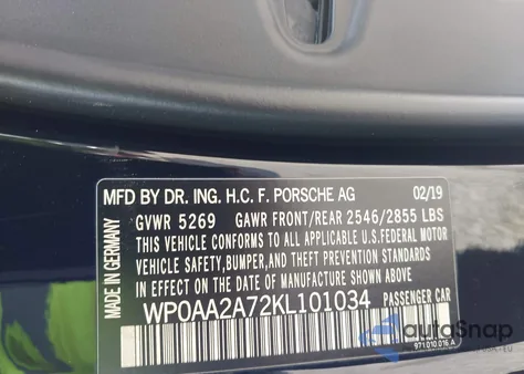 2019 Porsche Panamera 4 from USA, damaged, VIN WP0AA2A72KL101034